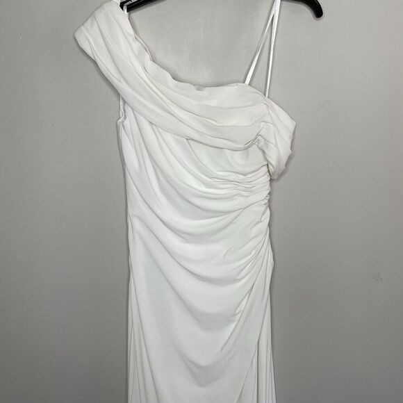 MAC DUGGAL Off Shoulder Gown Women 6 White Ruched Long Dress High Slit Wedding - Picture 3 of 11